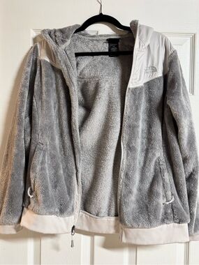 The North Face Gray and Cream Plush Fleece Full-Zip Hoodie